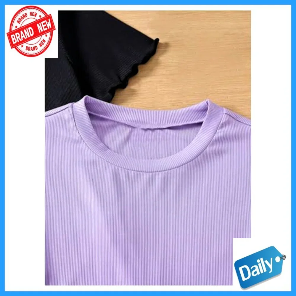 Girls 3-Piece Ribbed Knit Tee Set Short Sleeve Crew Neck Tops